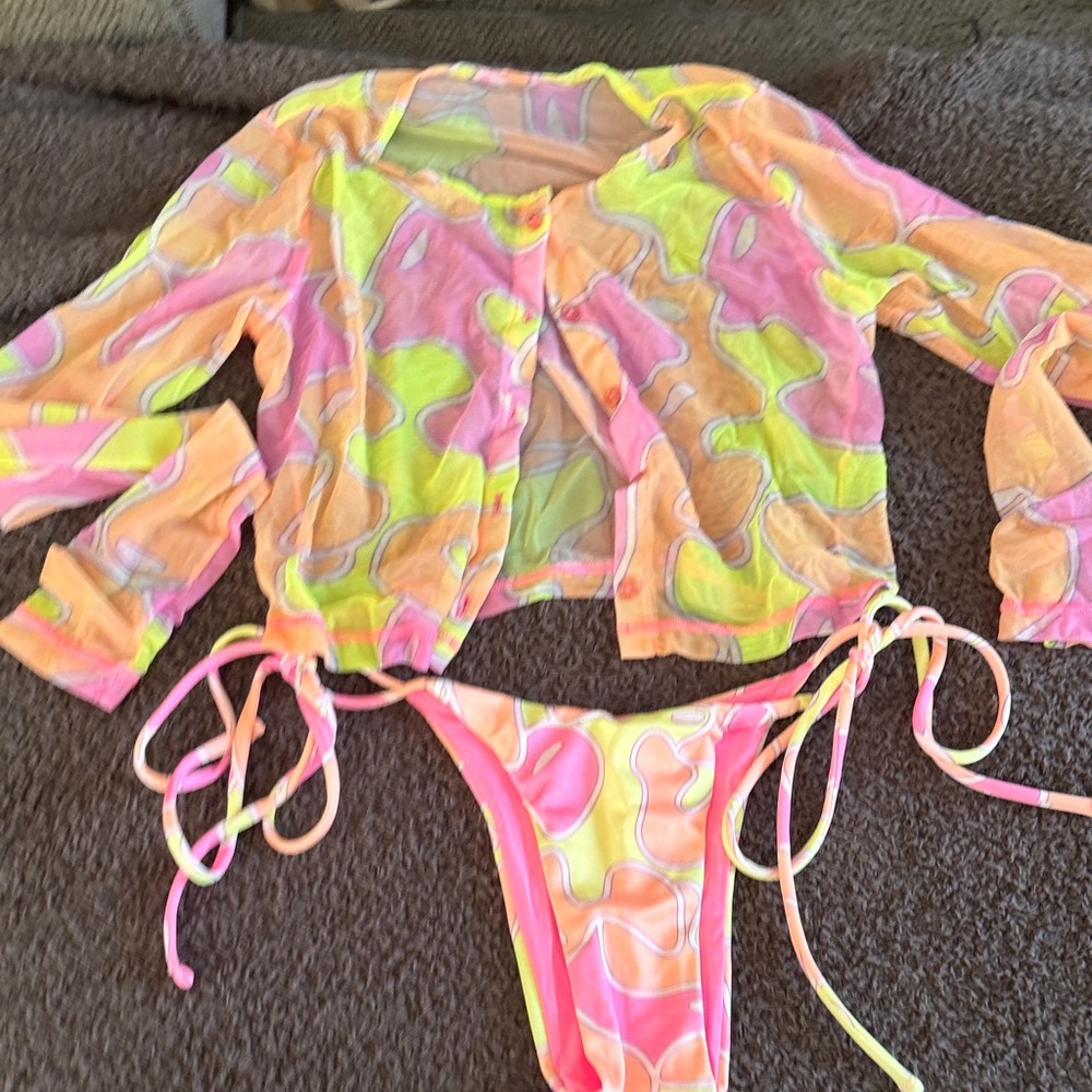 Vibrant Pink and Yellow Women's Swim Coverup and bikini top w/bottom
